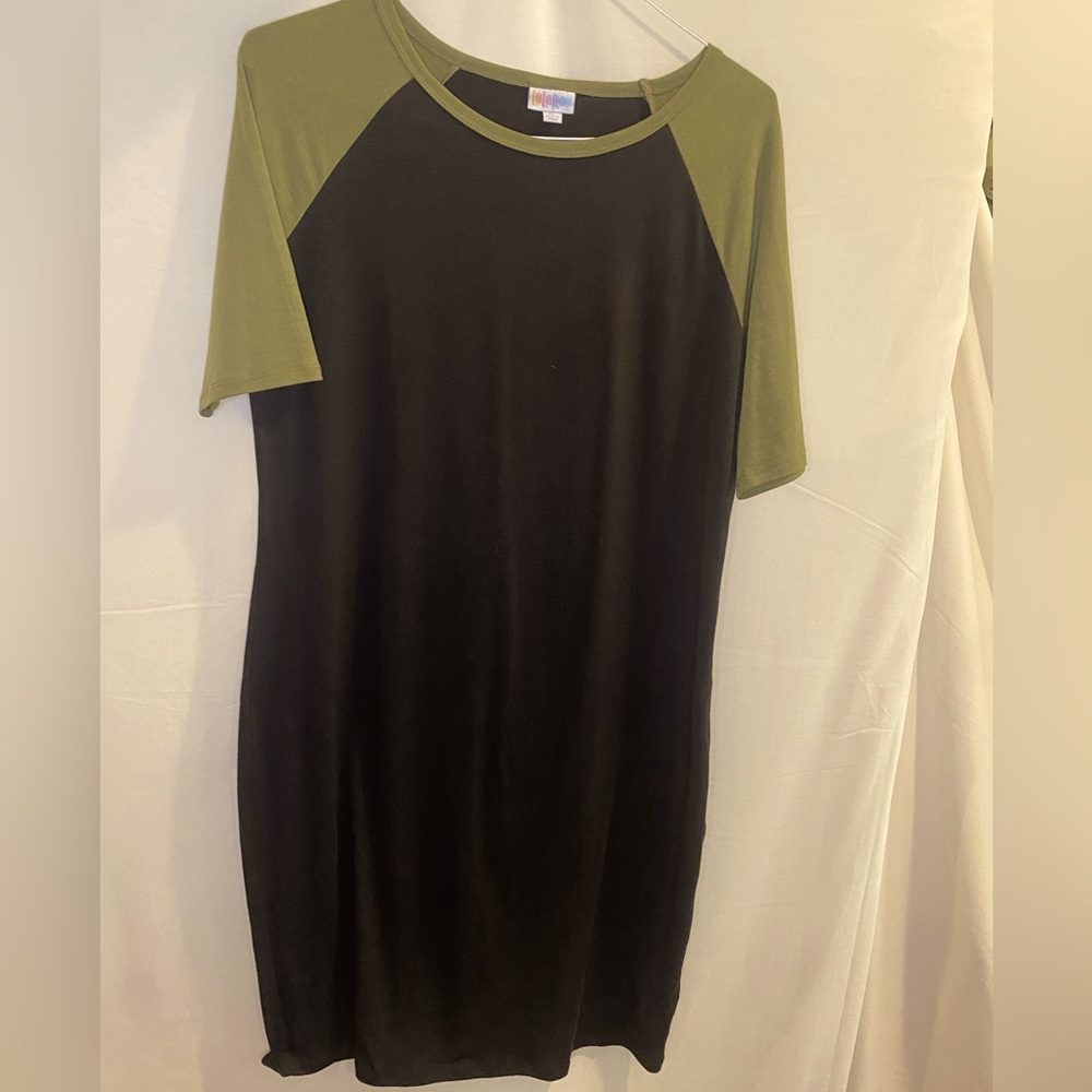 LulaRoe Julia XL Green Black Crew Neck T-Shirt Dress Army Olive NWOT